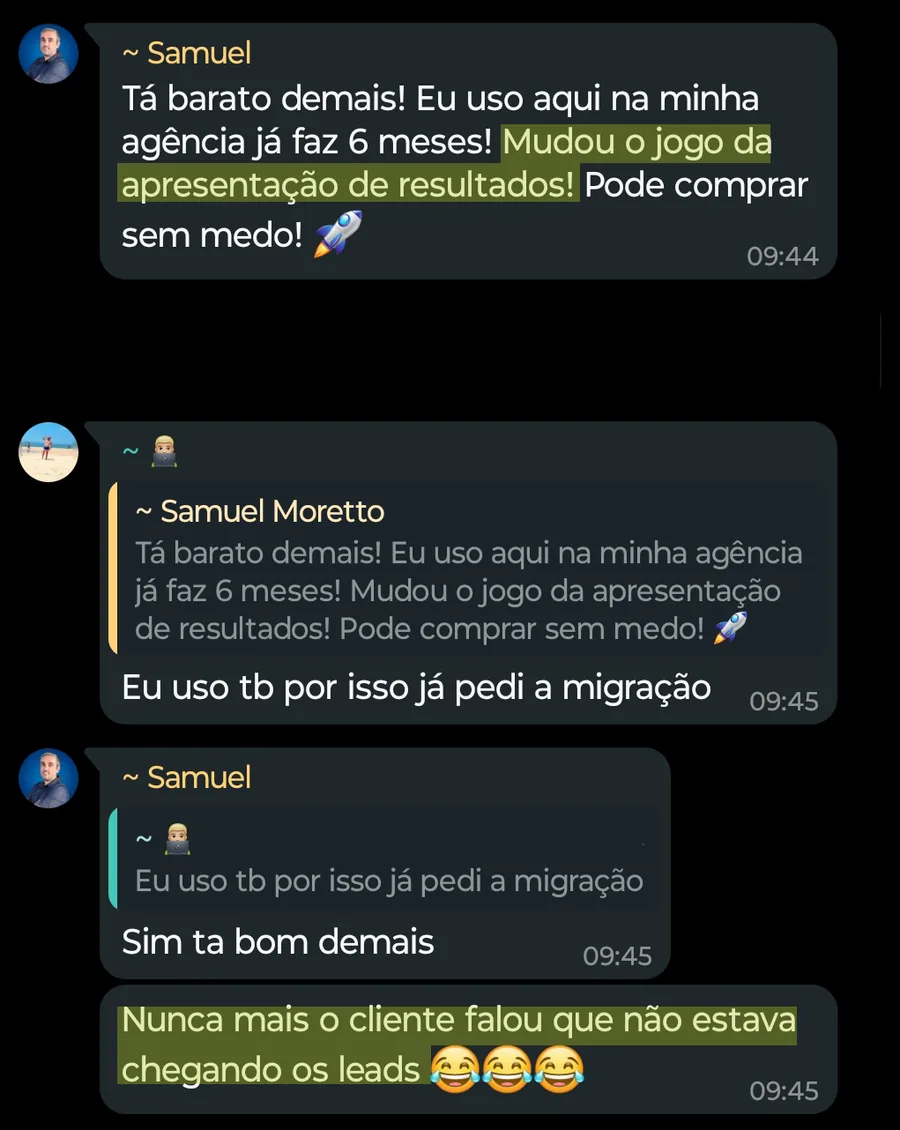 Print de mensagem de Samuel Moretto: Mudou a apresentação de resultados
