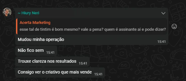 Print de mensagem de Hiury Neris: Vê o criativo que mais vende