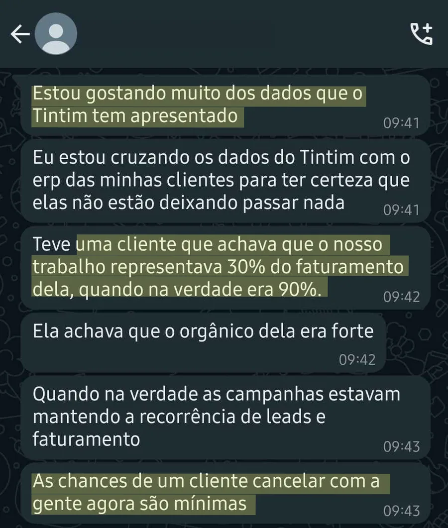 Print de mensagem de Cliente do Tintim: A cliente achava 30%. Era 90%