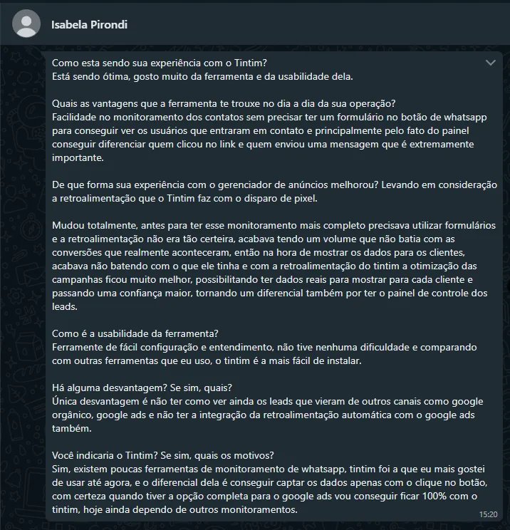 Print de mensagem de Isabela Pirondi: Dados reais para mostrar ao cliente