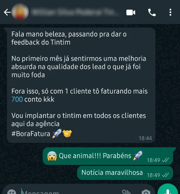 Print de mensagem de Cliente do Tintim: Mais 700 com um cliente só