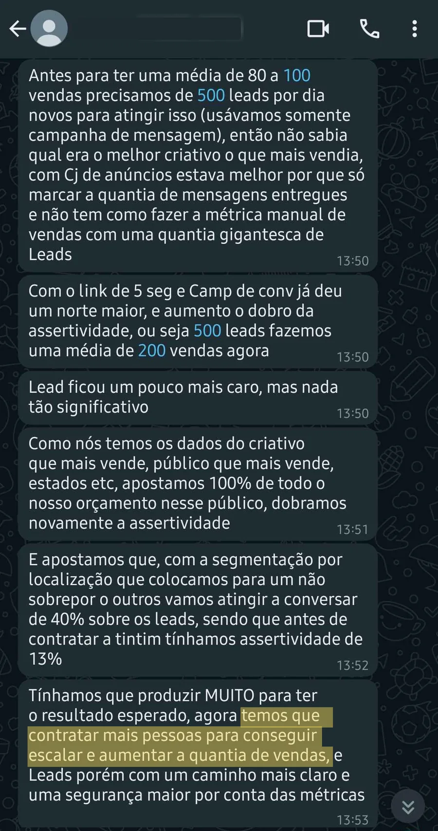 Print de mensagem de Cliente do Tintim: 200 vendas a cada 500 leads