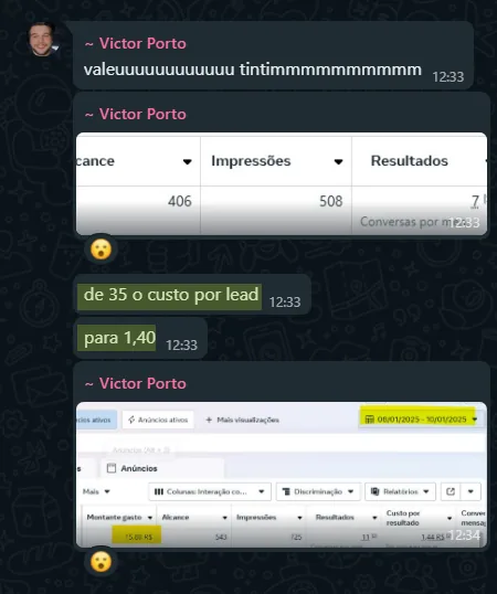 Print de mensagem de Victor Porto: Custo por lead de 35 para 1,40