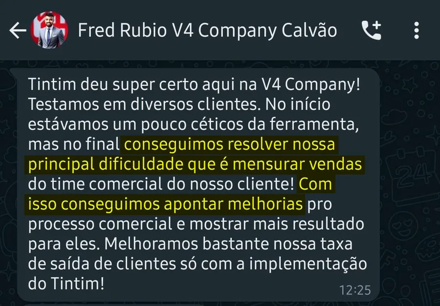 Print de mensagem de Fred Rubio, V4 Company: Menos clientes saindo