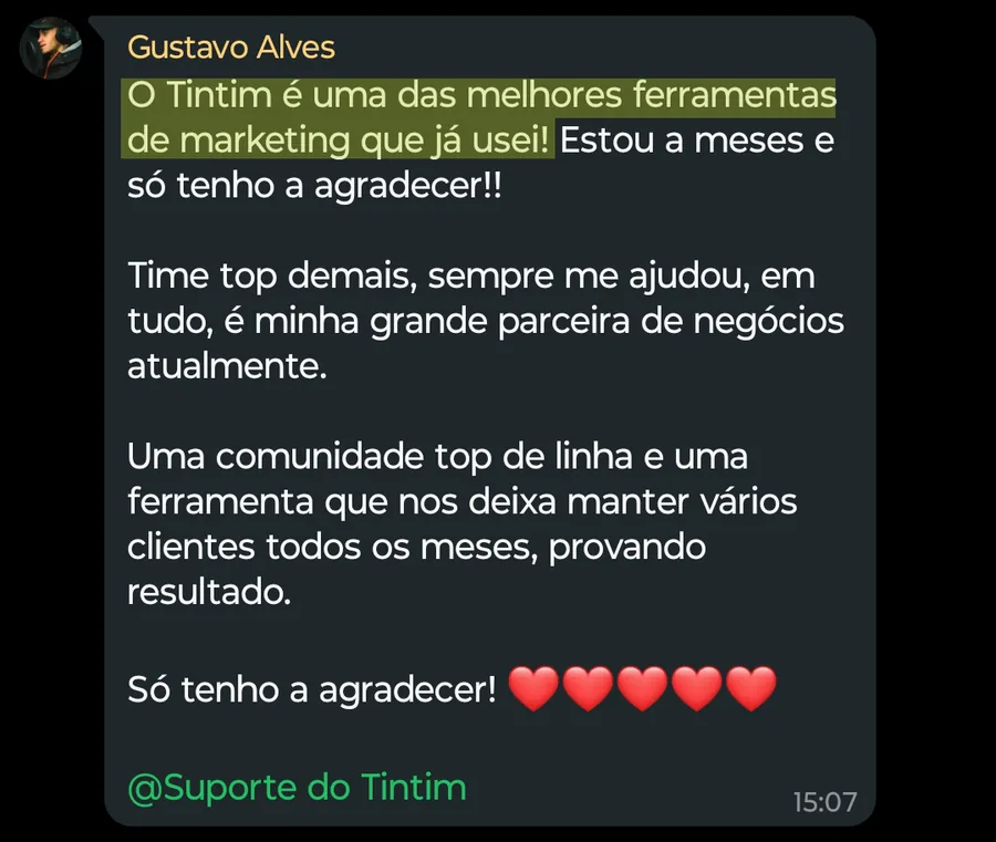 Print de mensagem de Gustavo Alves: Mantém clientes provando resultado
