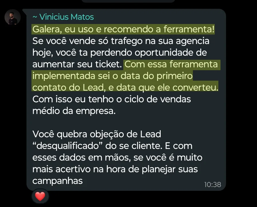 Print de mensagem de Vinicius Matos: O ciclo de vendas do cliente na mão