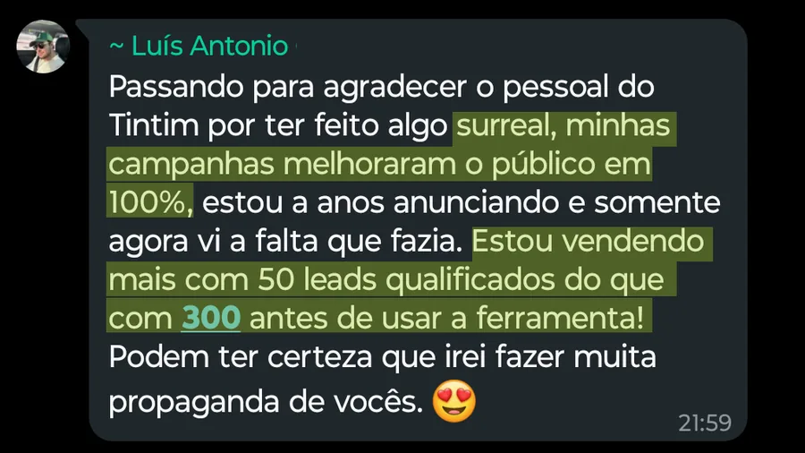 Print de mensagem de Luís Antonio: Mais vendas com 50 leads do que com 300