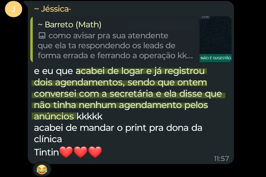Print de mensagem de Jéssica, Agência Ciclone: Dois agendamentos que ninguém tinha visto